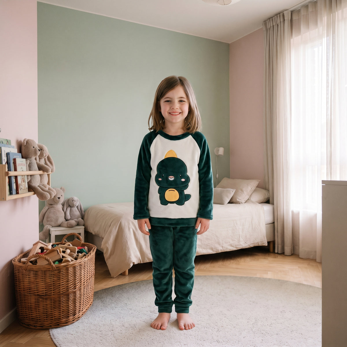 Enfant portant le pyjama polaire dinosaures vert foncé