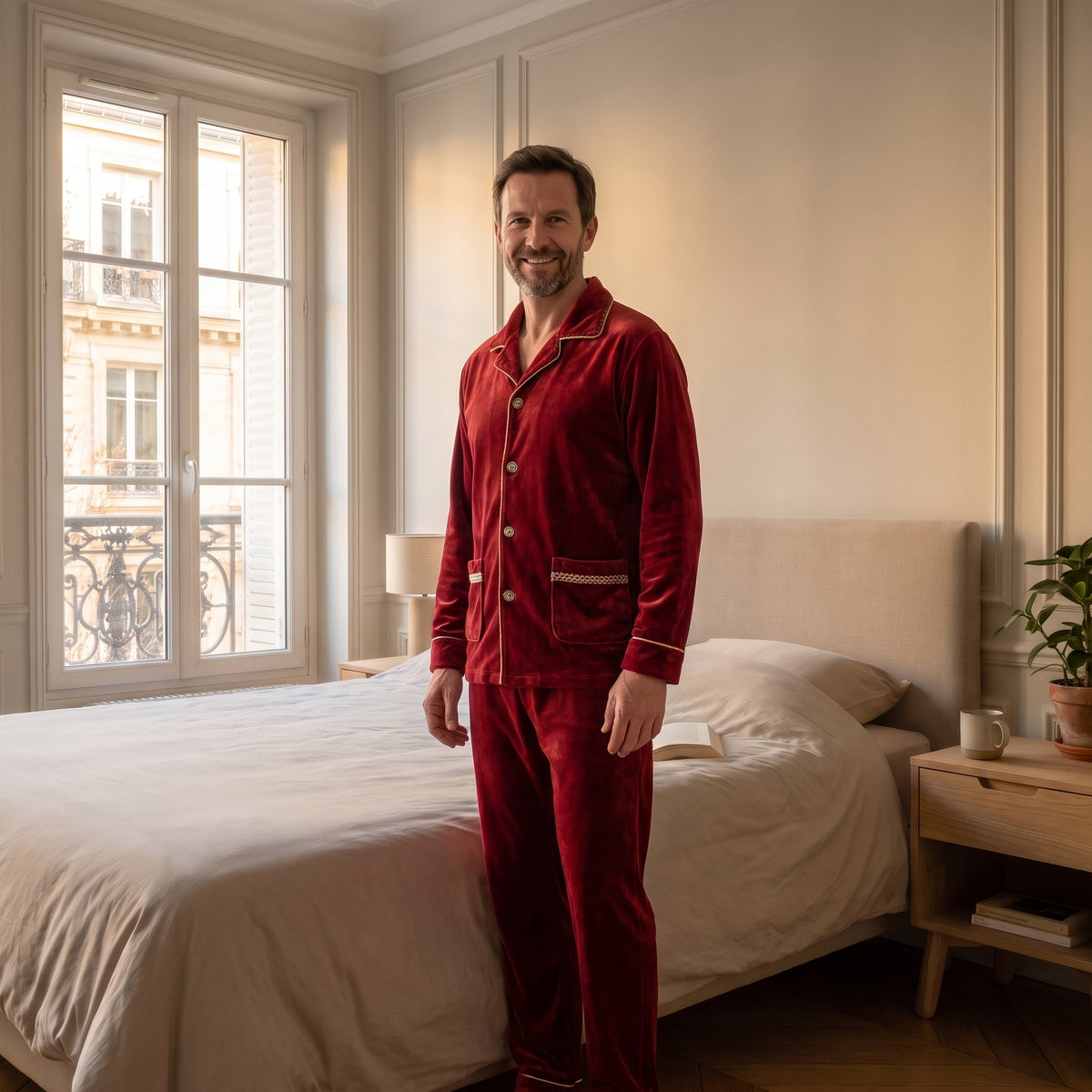 Pyjama en flanelle rouge porté par un homme debout