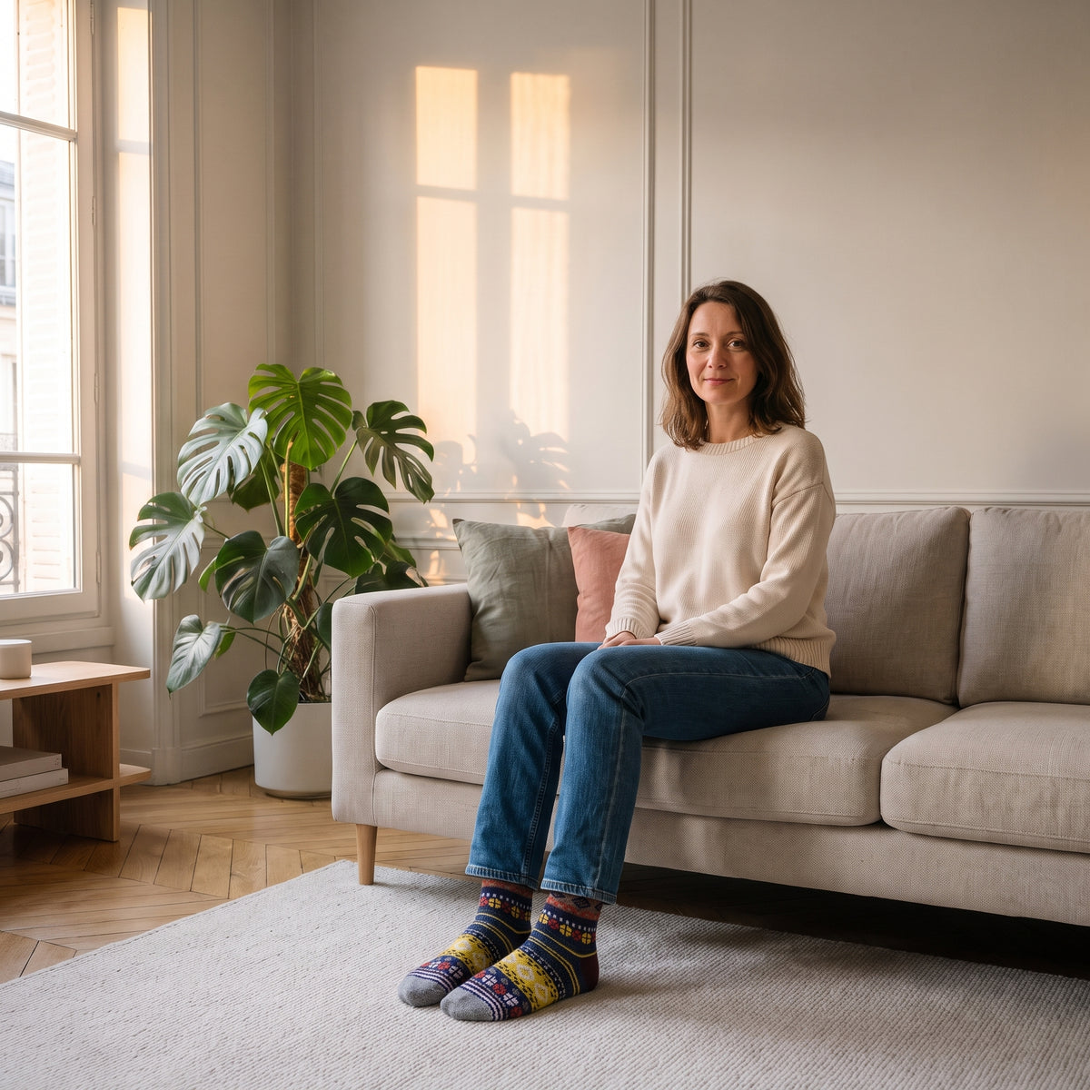 Chaussettes chaudes à losanges bordeaux portées, pieds posés au sol du salon