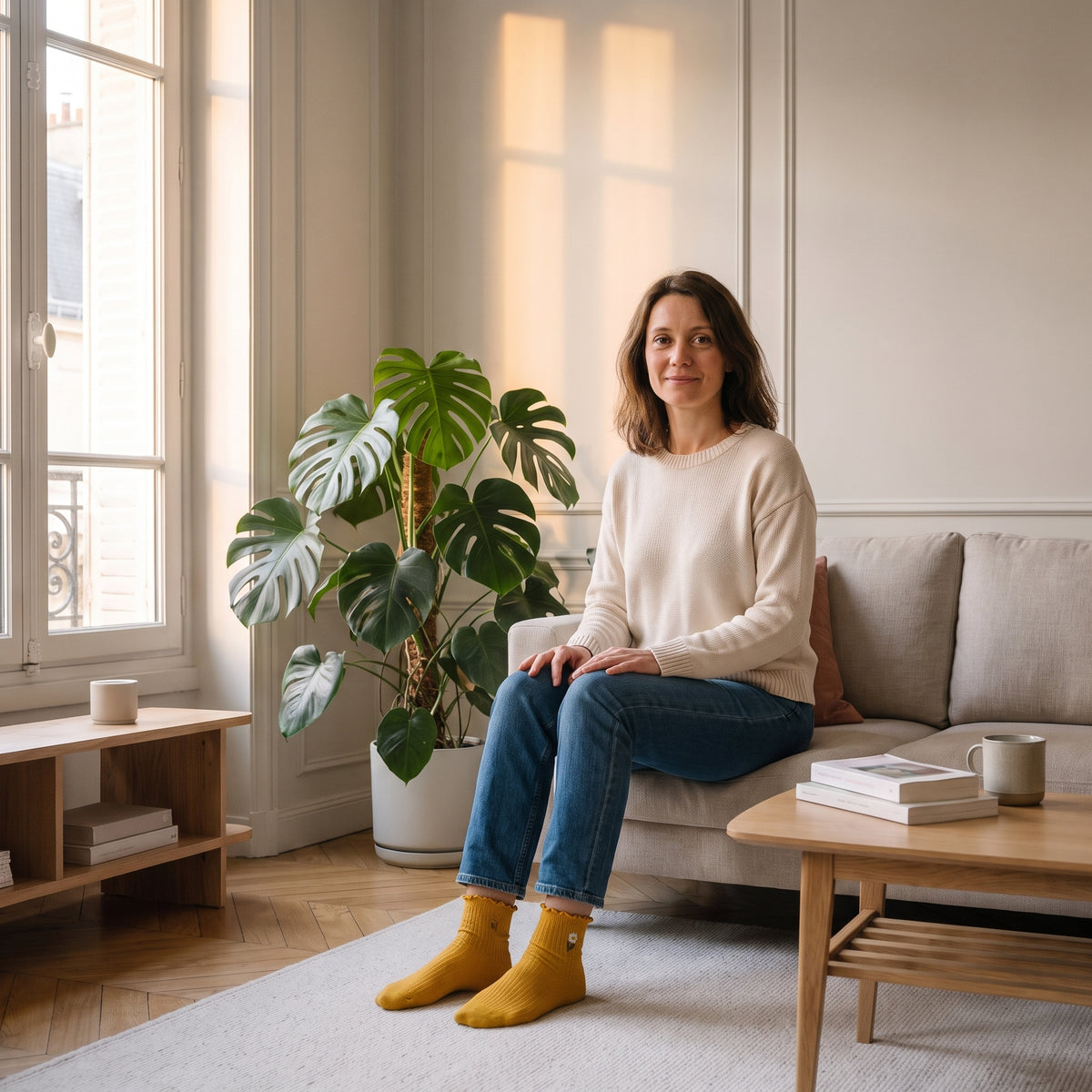 Chaussettes à volants jaunes à fleurs brodées portées