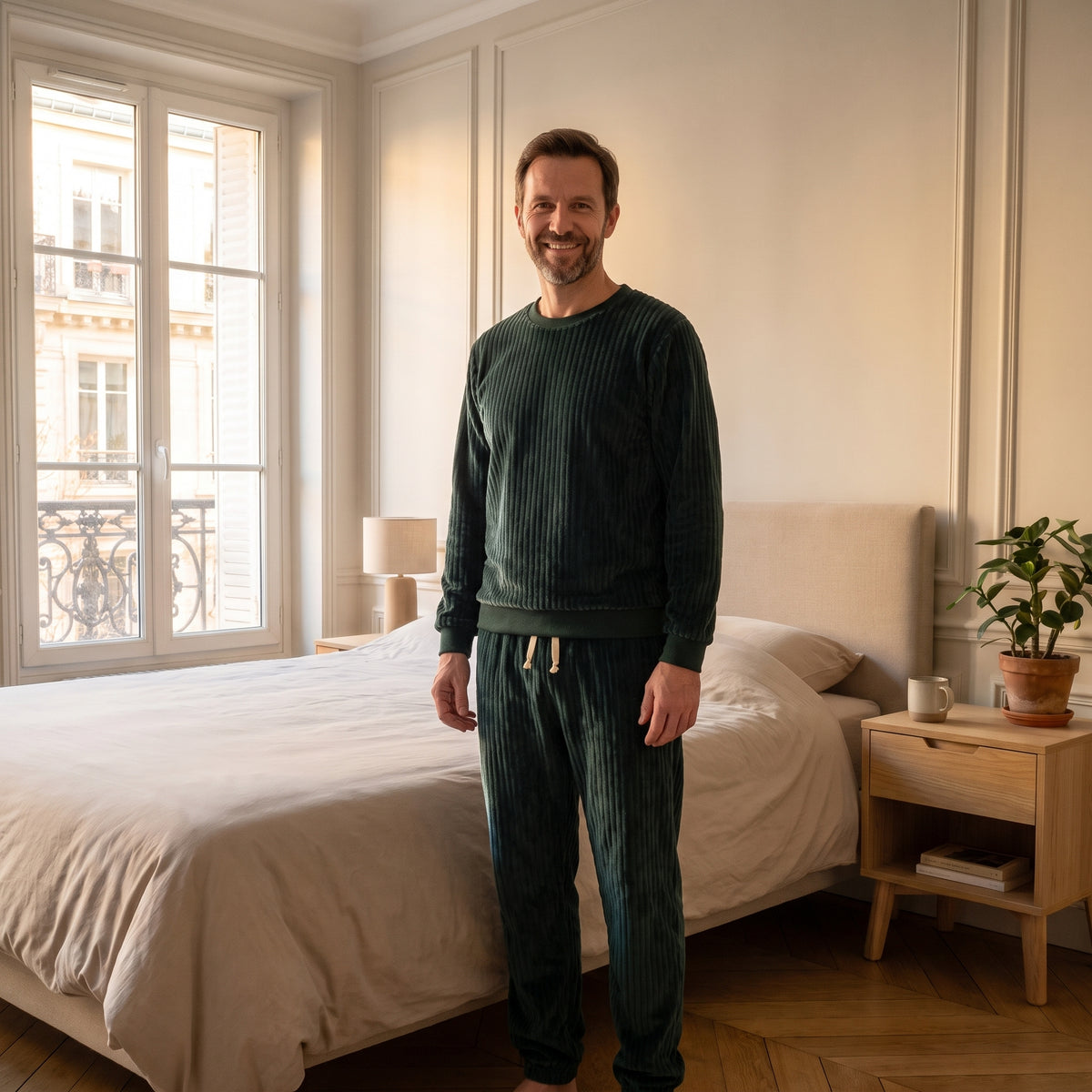 Pyjama en polaire côtelée vert porté debout par un homme