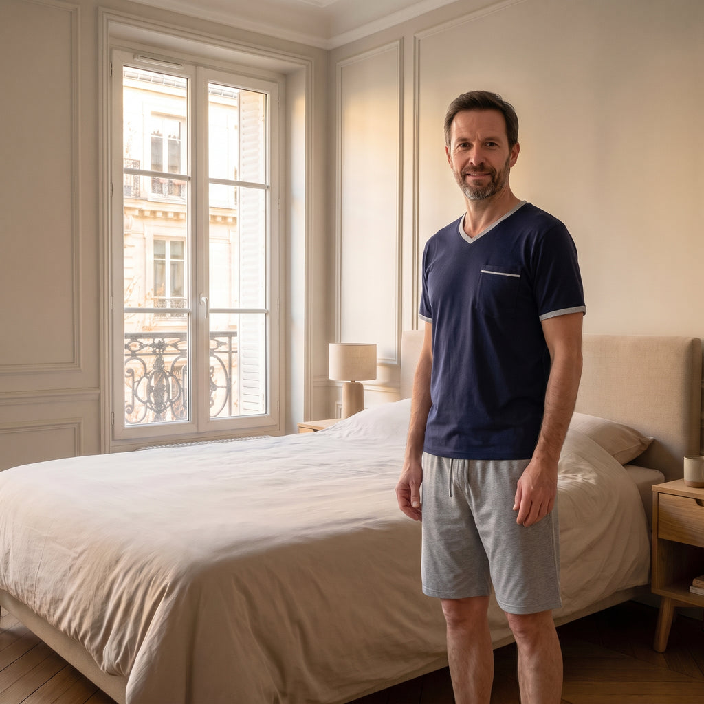 Homme portant le pyjama court bleu marine et gris dans une chambre