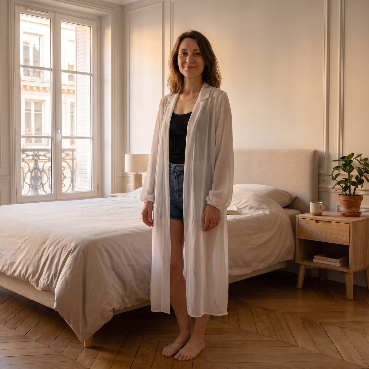 Kimono long en mousseline porté