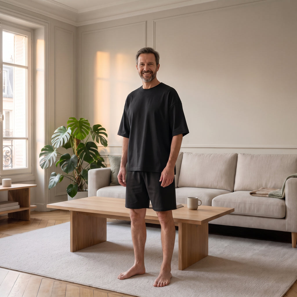 Ensemble d'été noir porté debout par un homme