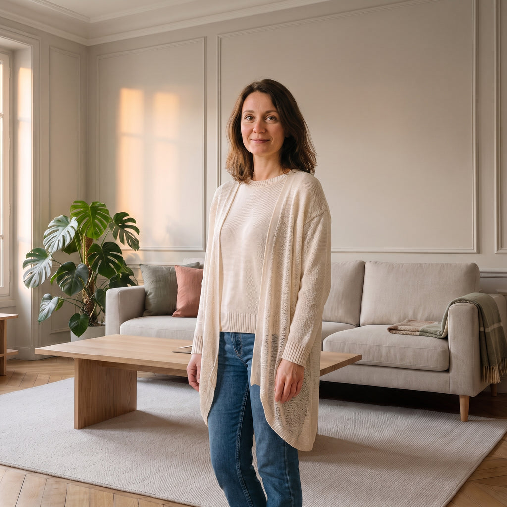 Cardigan beige en maille ajourée porté dans le salon