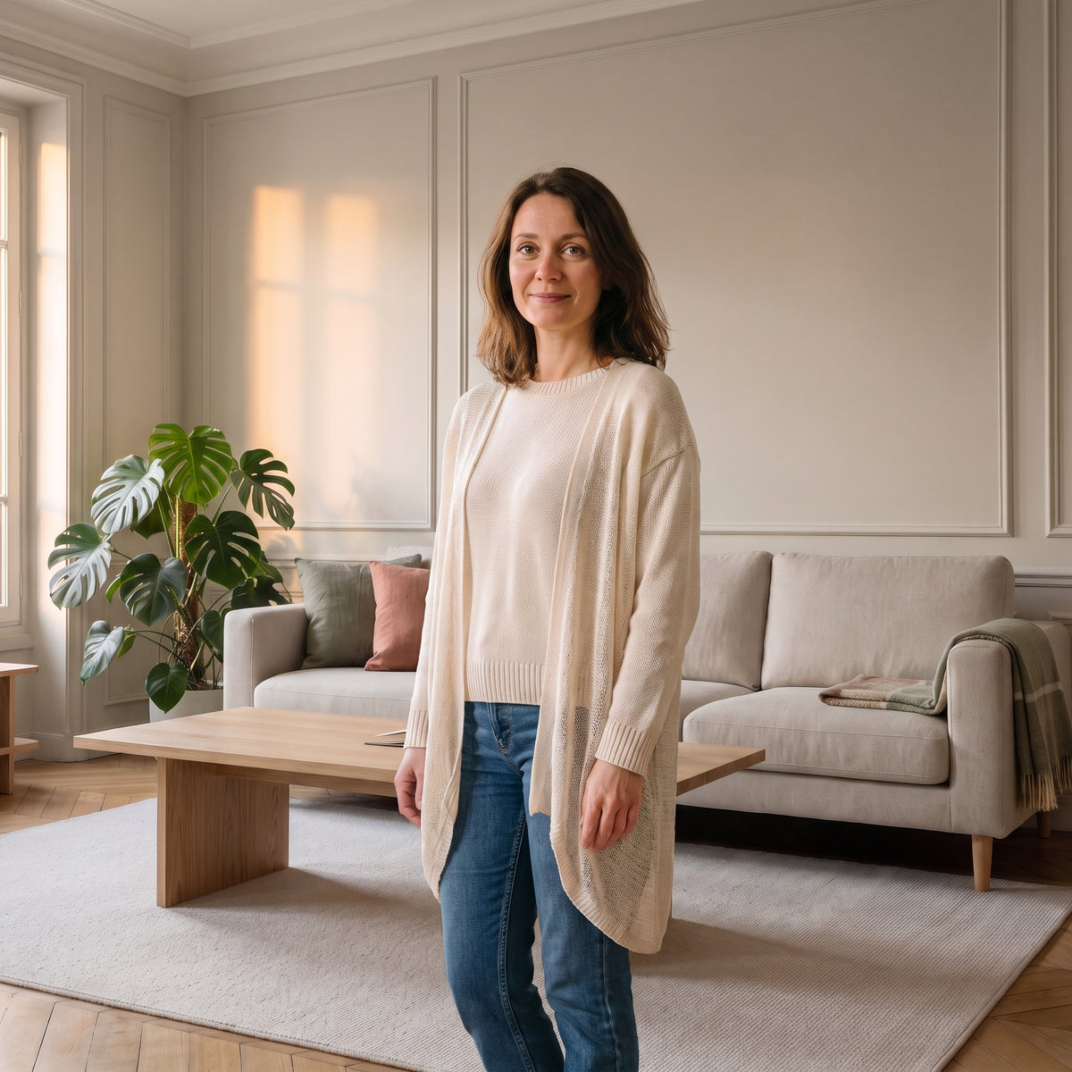 Cardigan beige en maille ajourée porté dans le salon
