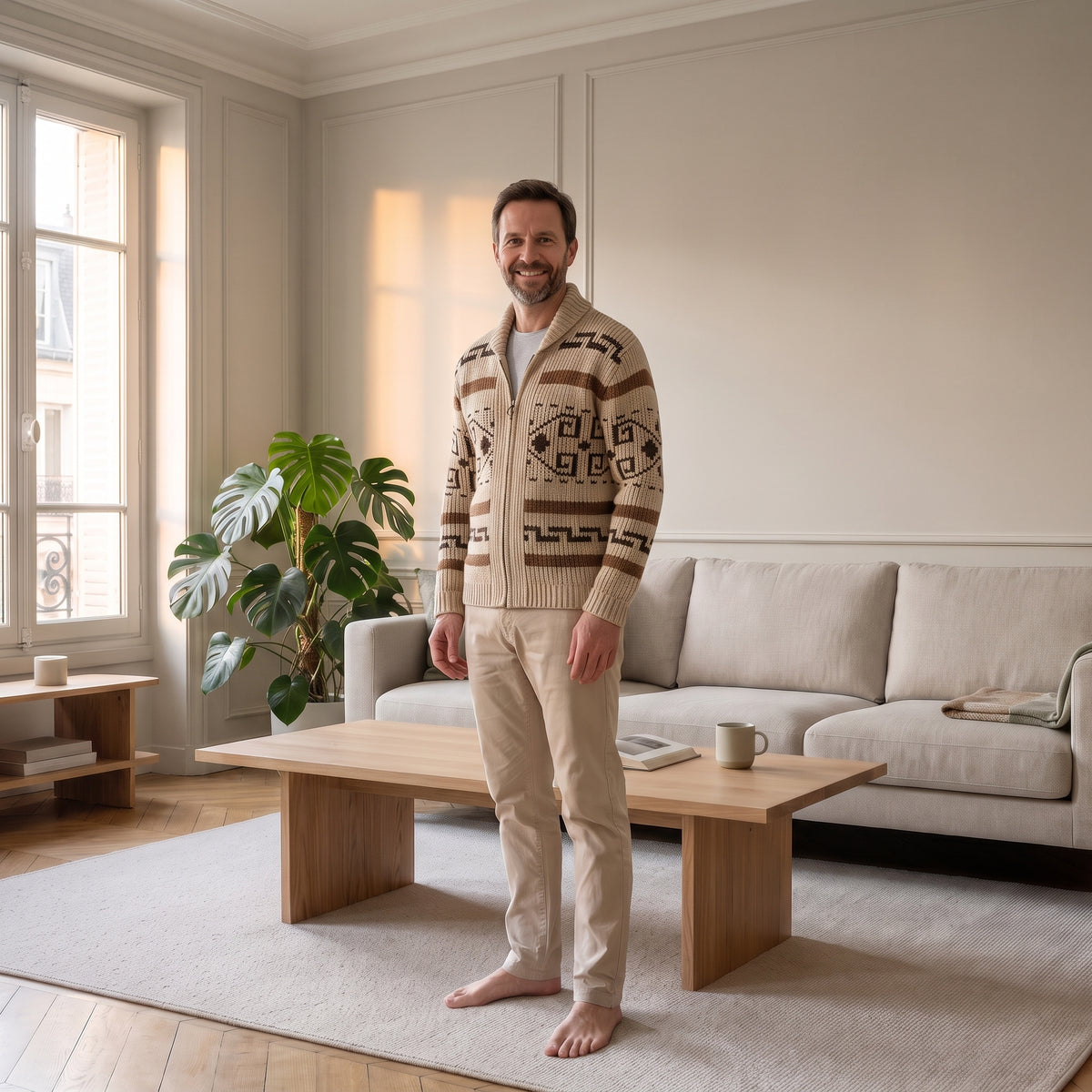 Cardigan homme marron à motifs géométriques porté dans le salon