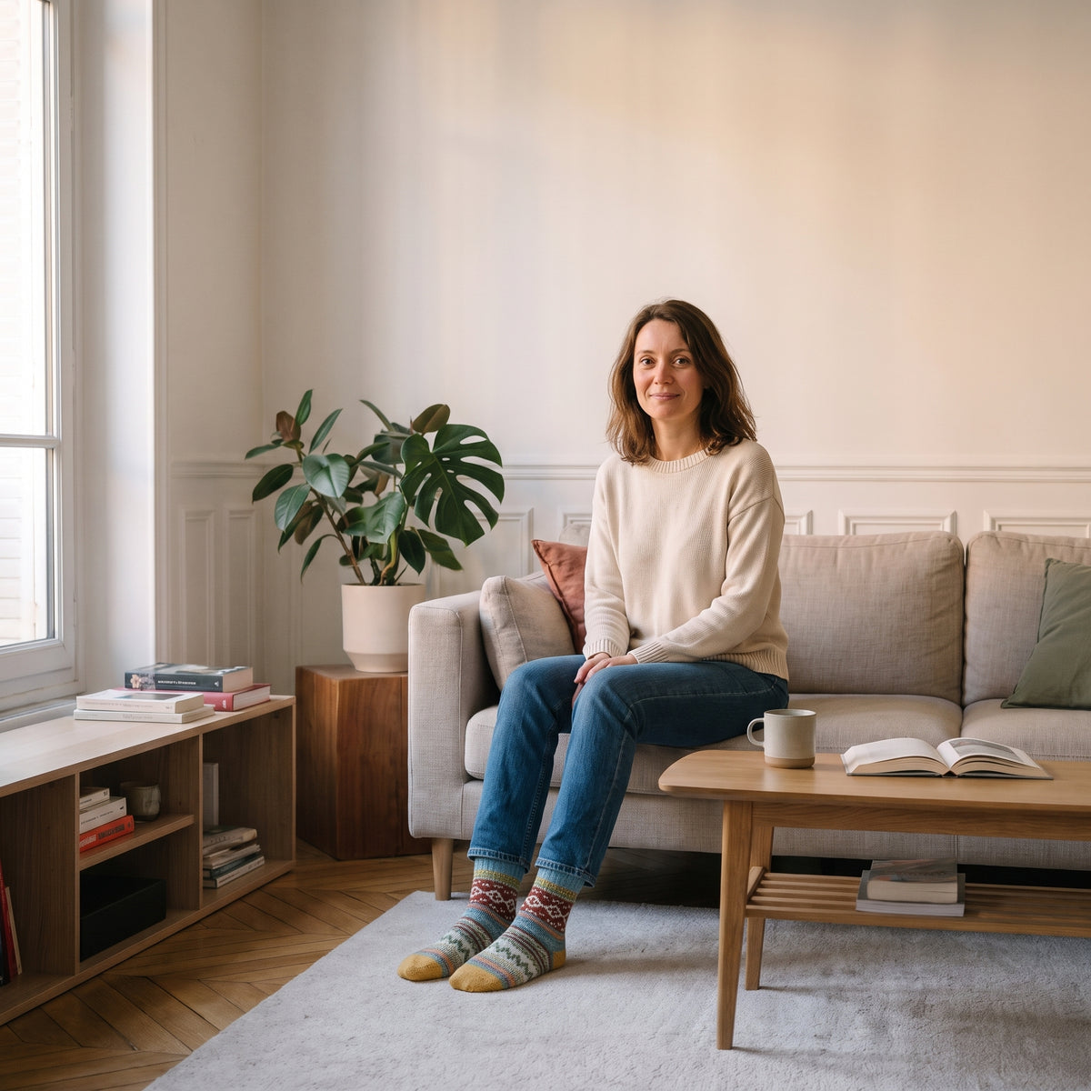 Chaussettes multicolores bleues portées aux pieds dans le salon