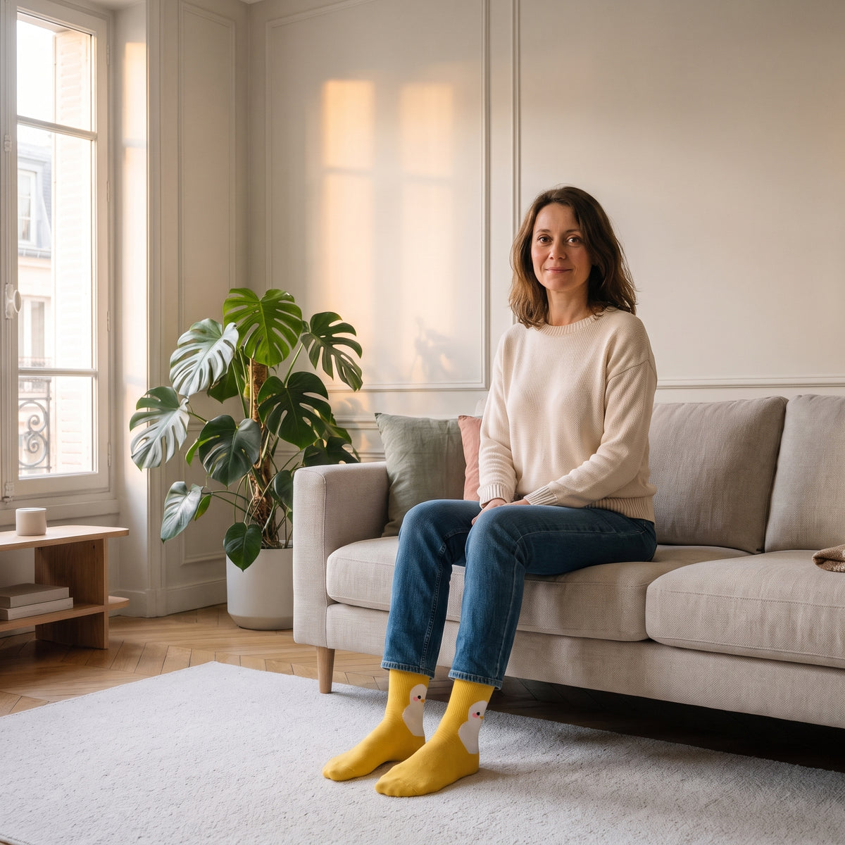 Chaussettes poussins jaunes à poussin blanc portées