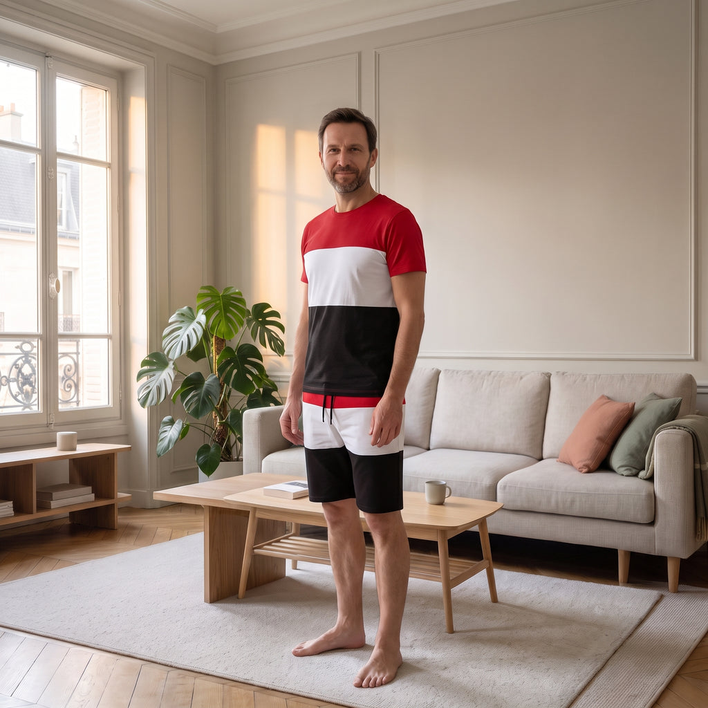 Homme portant l’ensemble court color block rouge dans un salon