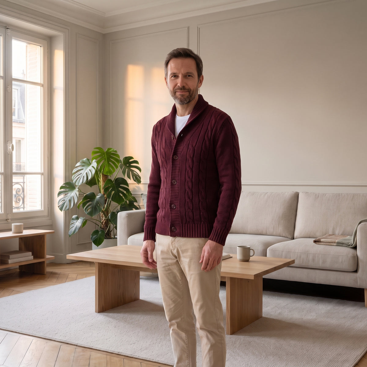 Cardigan homme bordeaux torsadé à col châle porté dans le salon