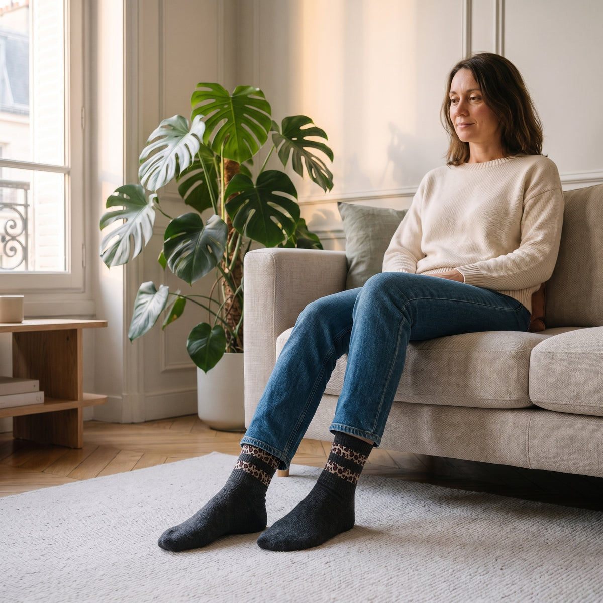 Chaussettes grises à rayures léopard portées, pieds au premier plan