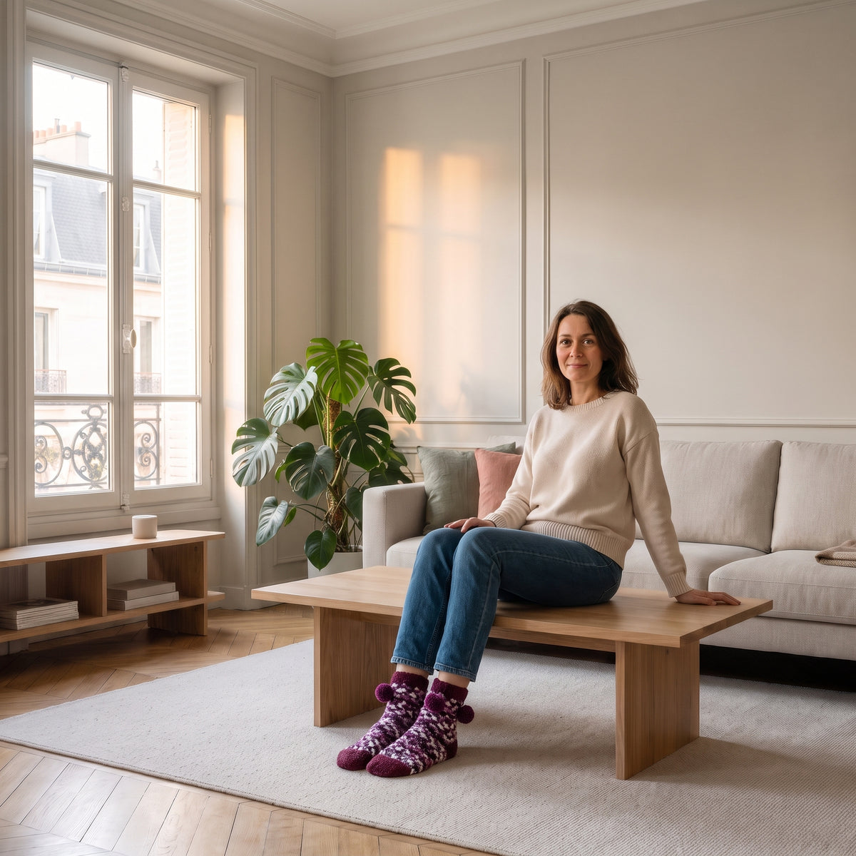 Chaussettes à pompons violettes portées aux pieds dans un salon