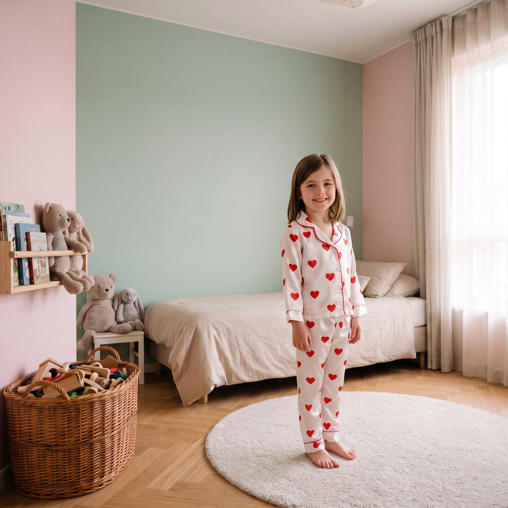 Fille portant le pyjama en satin à imprimé cœurs