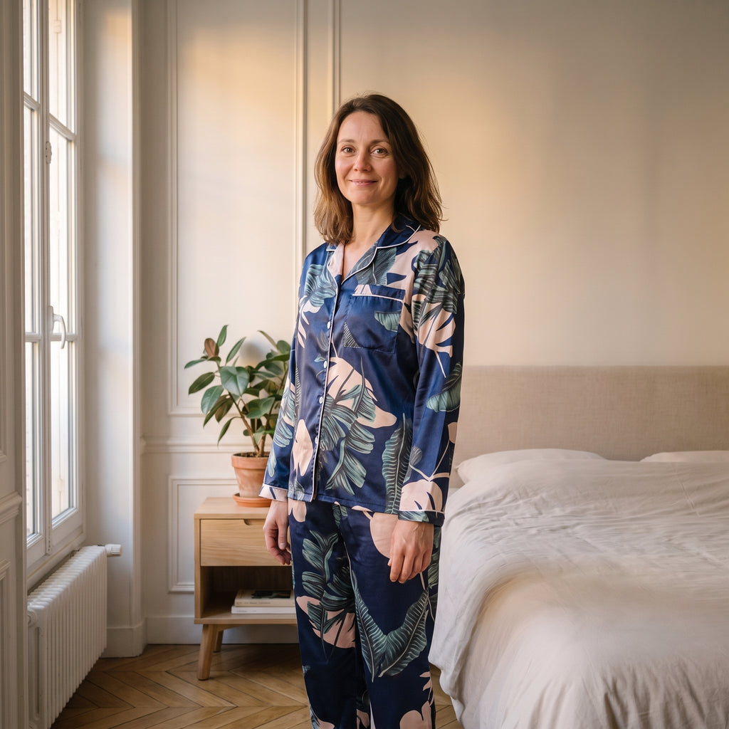 Pyjama en satin bleu marine porté debout par une femme