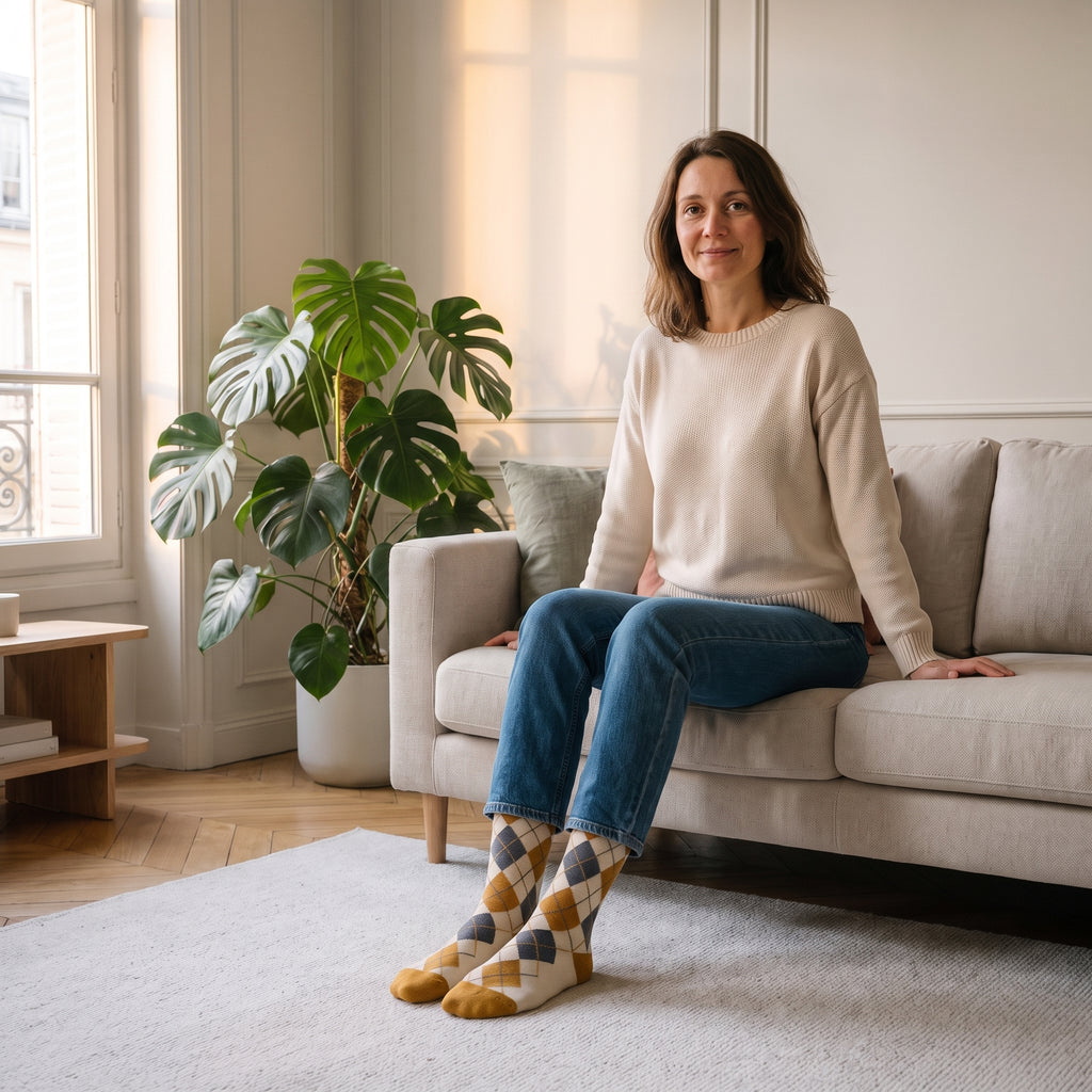 Chaussettes jaunes à losanges jacquard portées aux pieds dans le salon