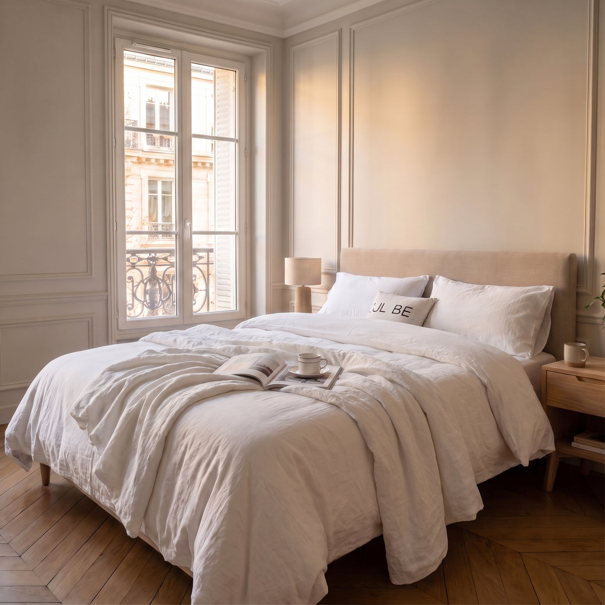 Housse de couette blanche en coton, unie et lisse, sur un lit fait dans une chambre