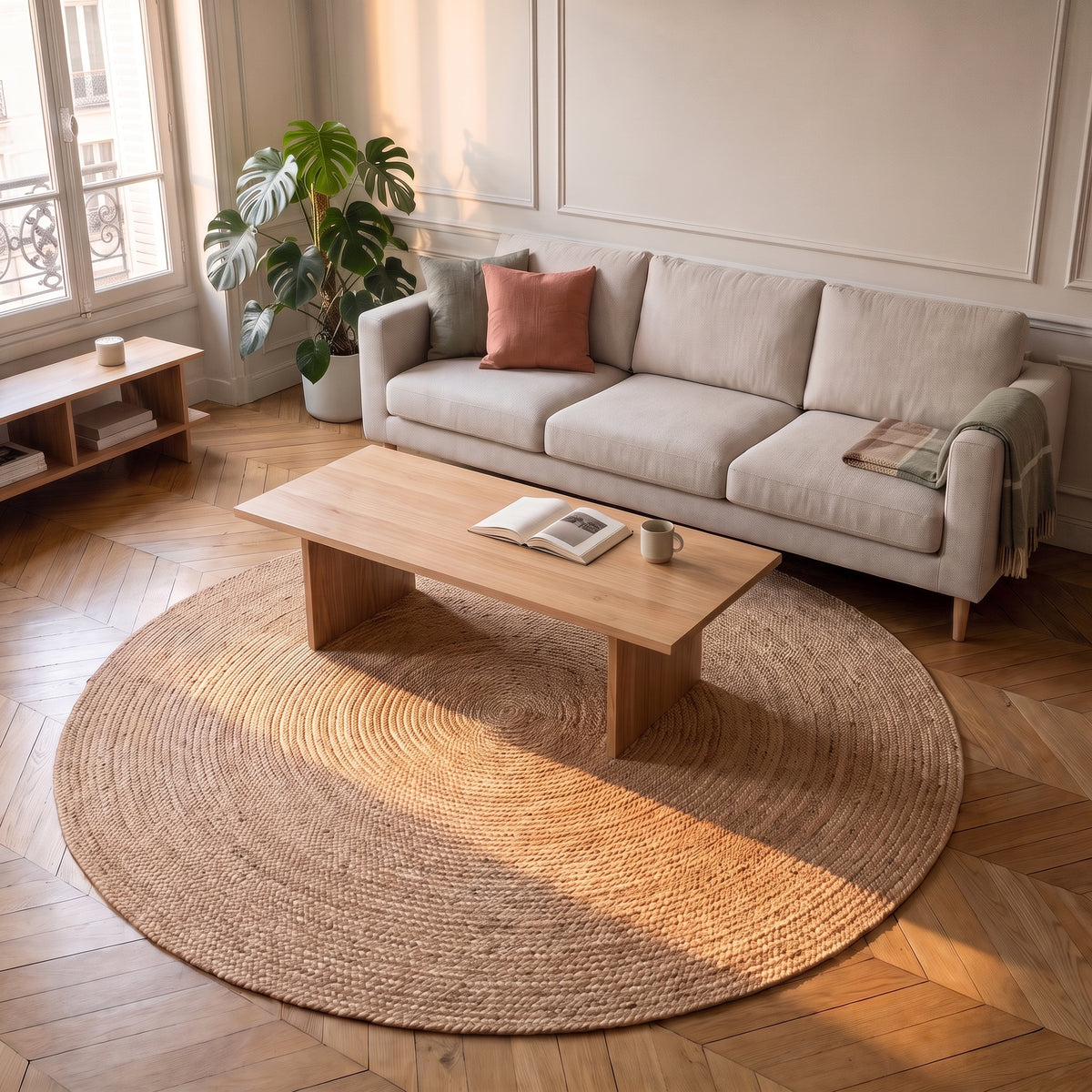 Tapis rond camel clair en sisal posé dans un salon lumineux