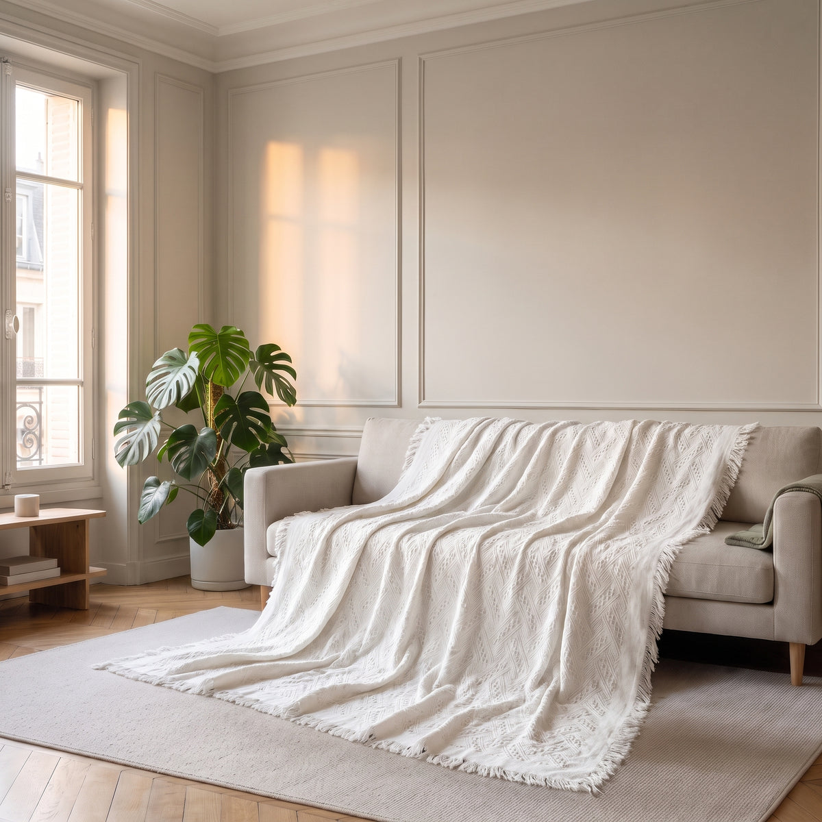 Plaid tricoté blanc cassé à franges jeté sur un canapé beige du salon