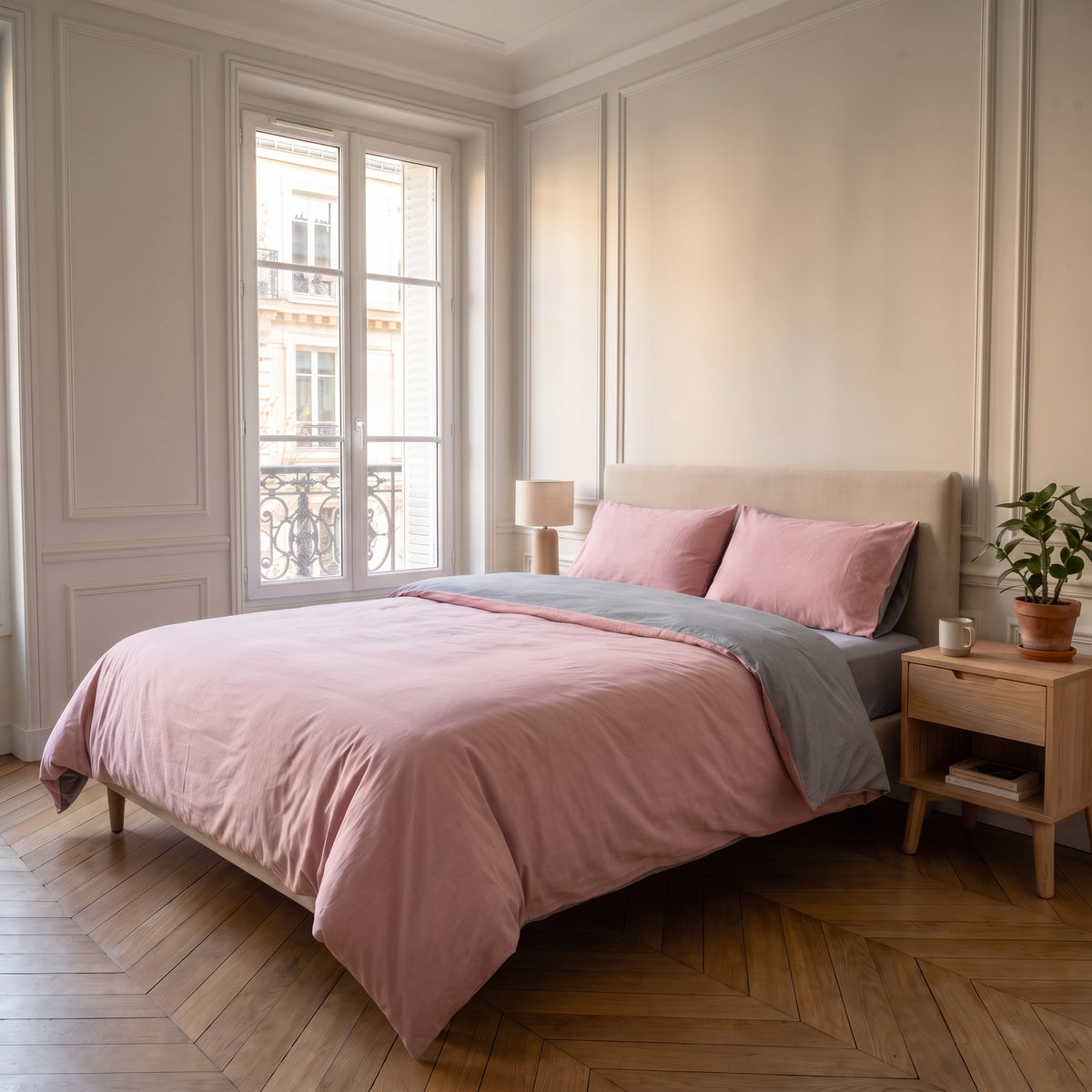 Housse de couette réversible rose poudré dépliée sur le lit