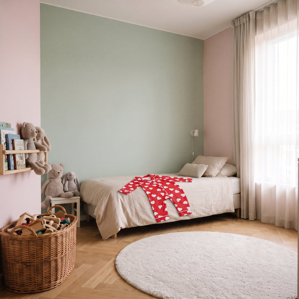 Combinaison pyjama bébé à cœurs dépliée sur un lit d'enfant
