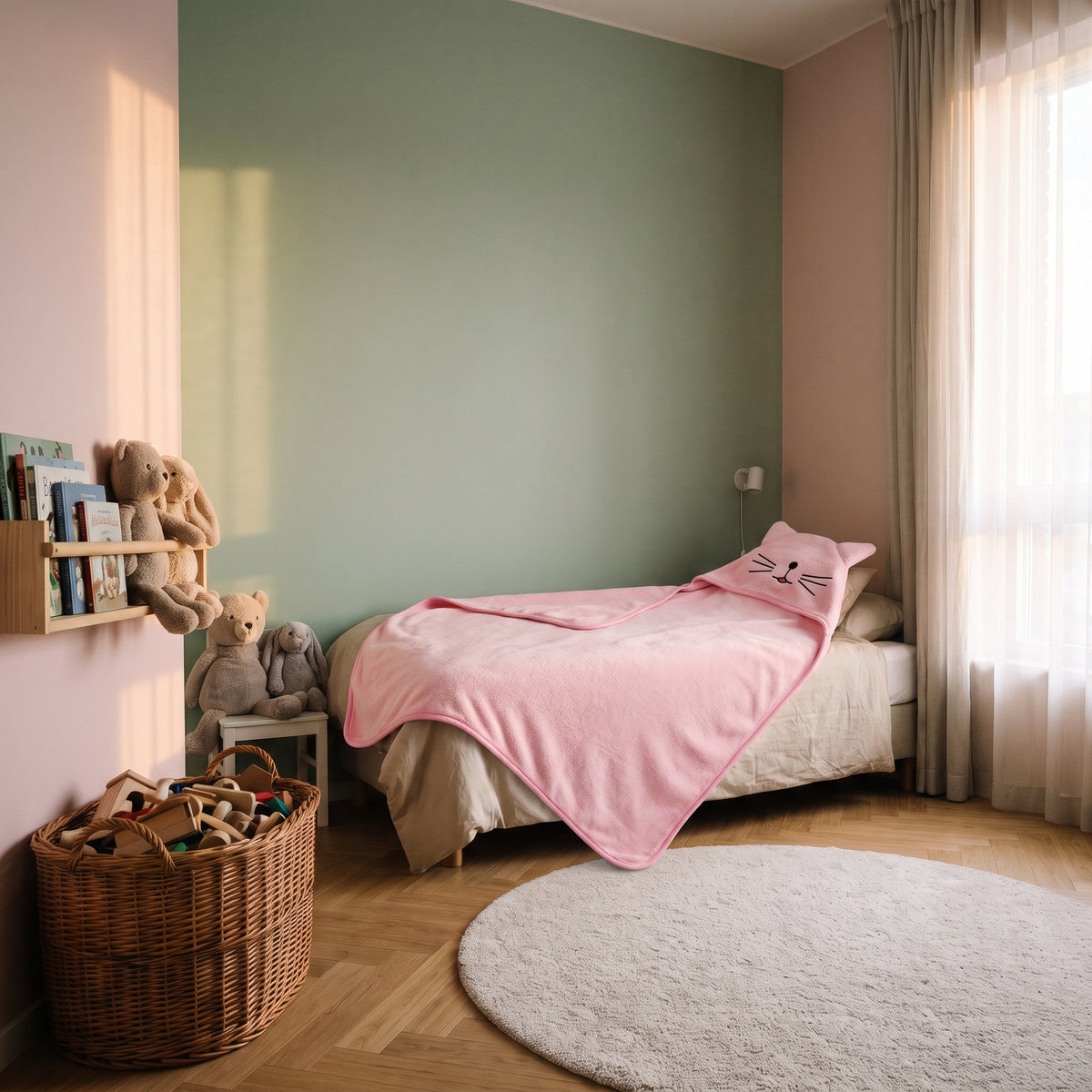 Cape de bain bébé rose à capuche chat posée sur le lit d'enfant