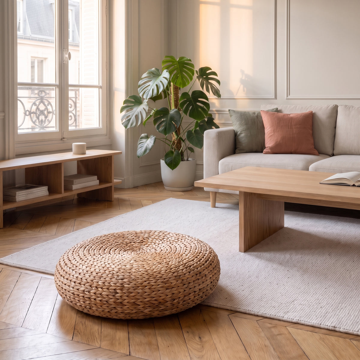 Pouf rond en fibre végétale tressée