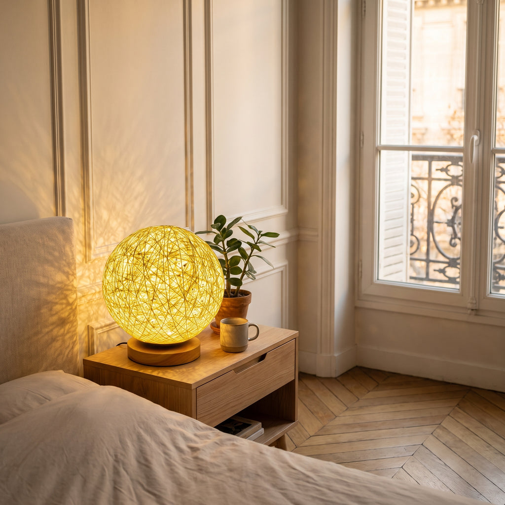 Lampe ronde en osier posée sur une table de chevet, allumée