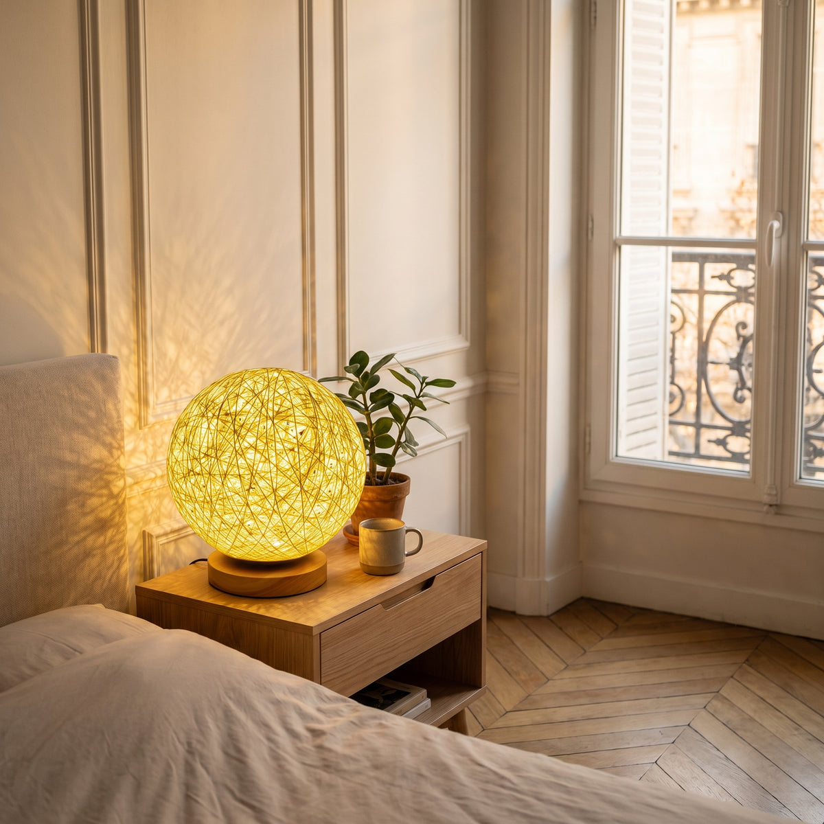 Lampe ronde en osier posée sur une table de chevet, allumée