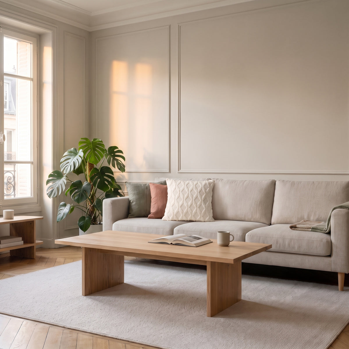 Housse de coussin à poils longs blanc à motif losange posée dans le salon