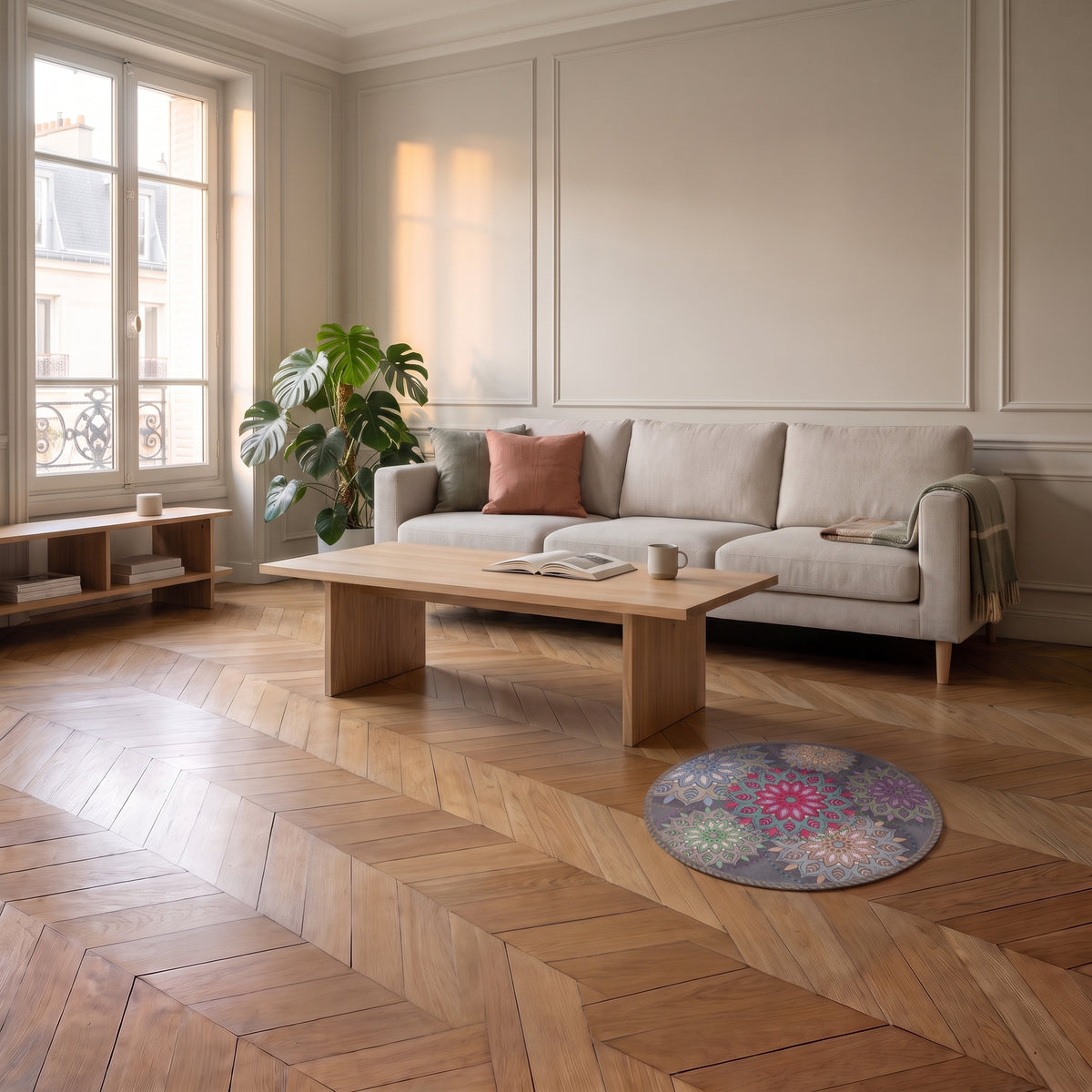 Petit tapis rond à mandala multicolore posé au sol d'un salon