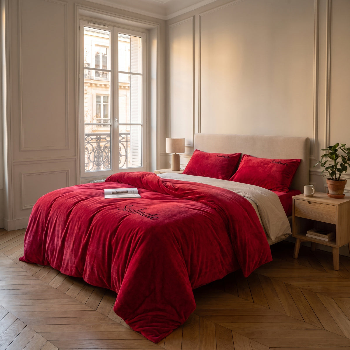 Housse de couette imitation velours Soulmate dépliée sur le lit