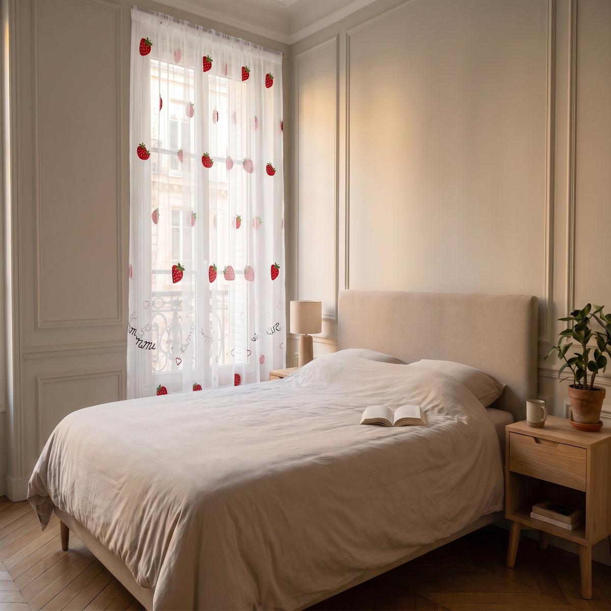Voilage imprimé fraises suspendu à la fenêtre, lumière du jour qui traverse le tissu