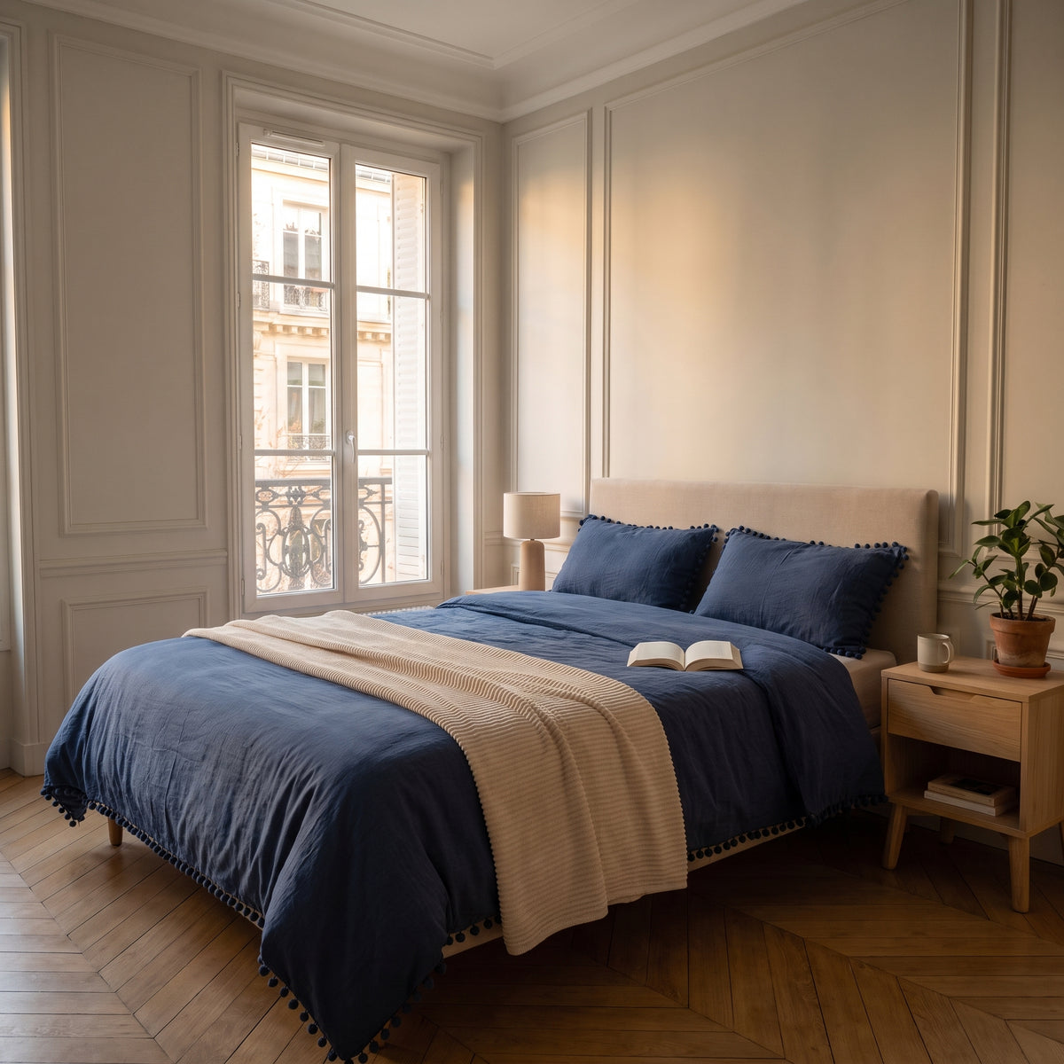 Housse de couette à pompons dépliée sur le lit