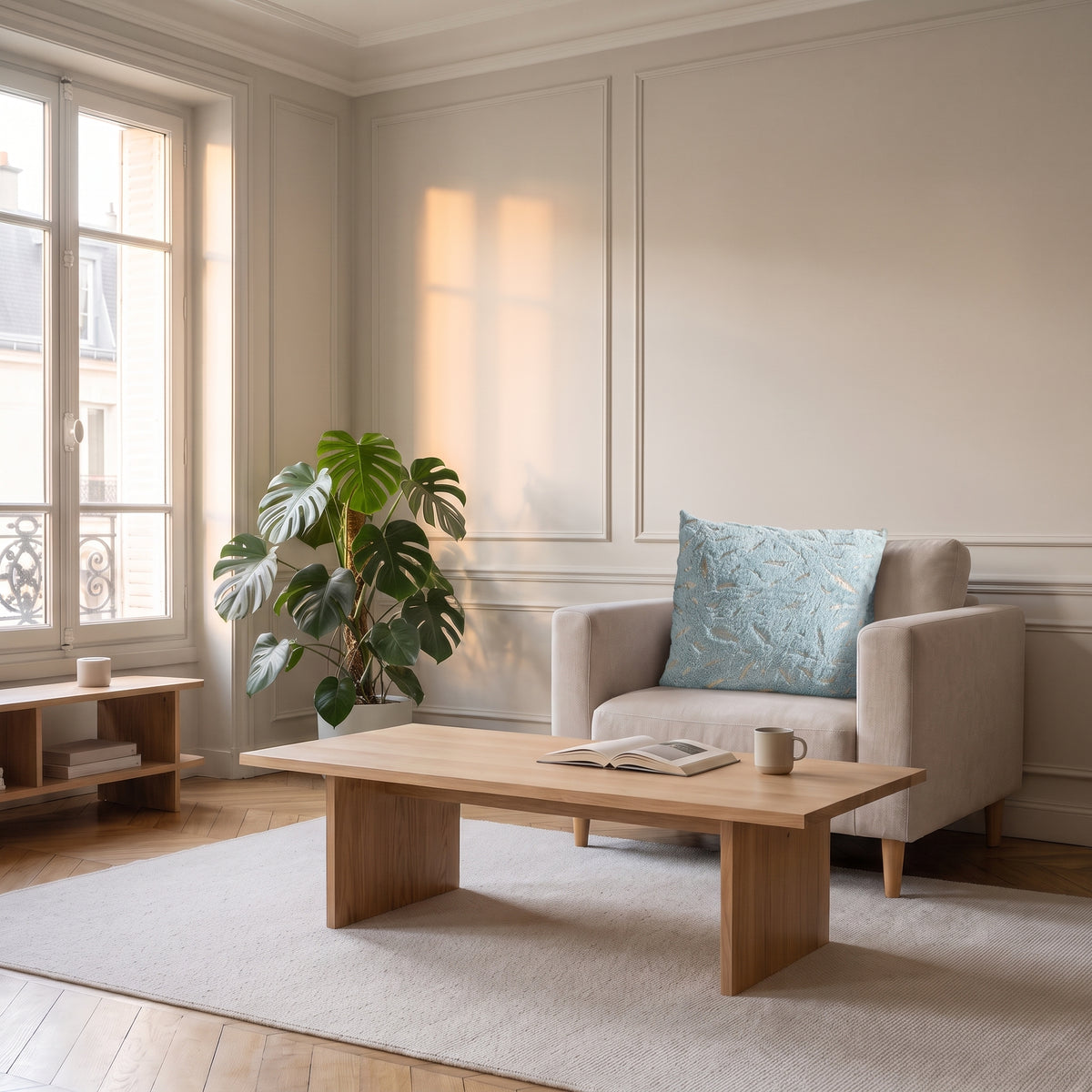 Housse de coussin en velours vert d'eau à plumes dorées posée dans le salon