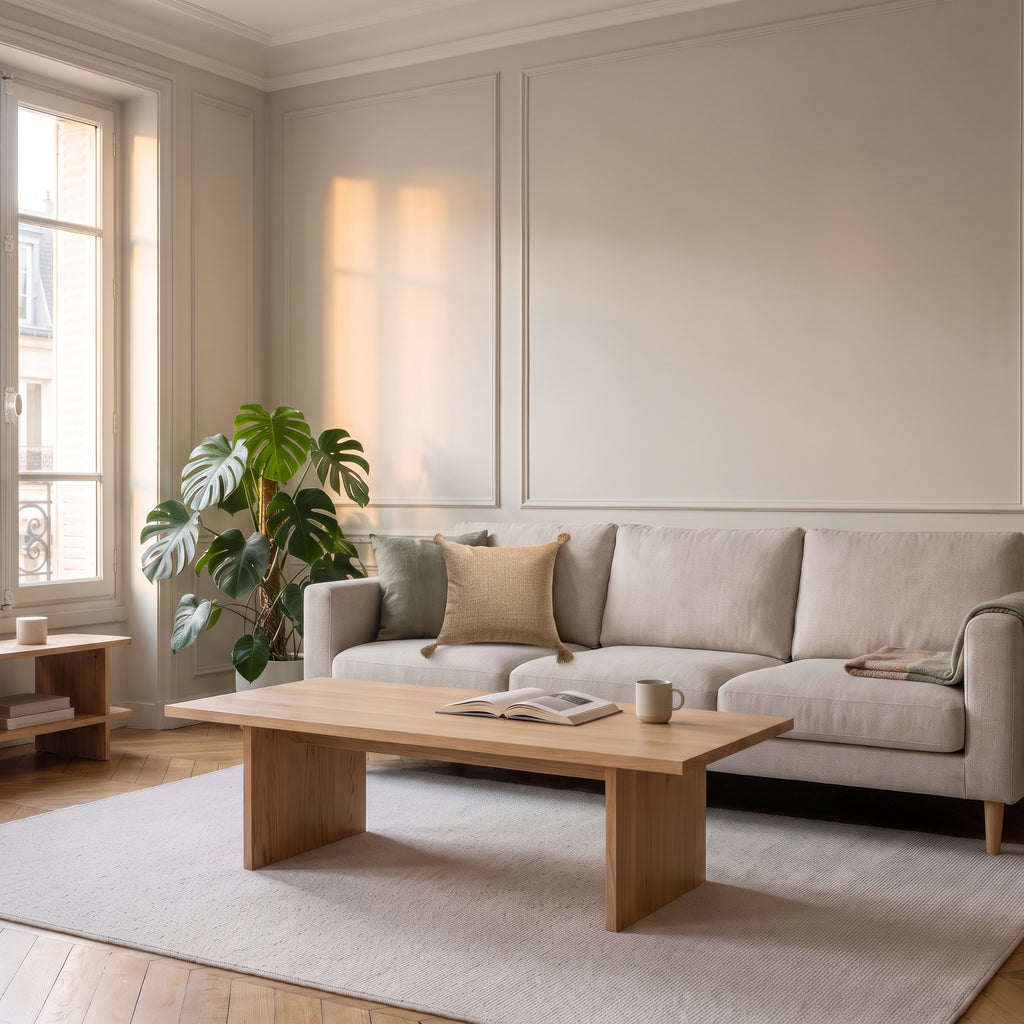 Housse de coussin en coton et chanvre marron posée dans le salon