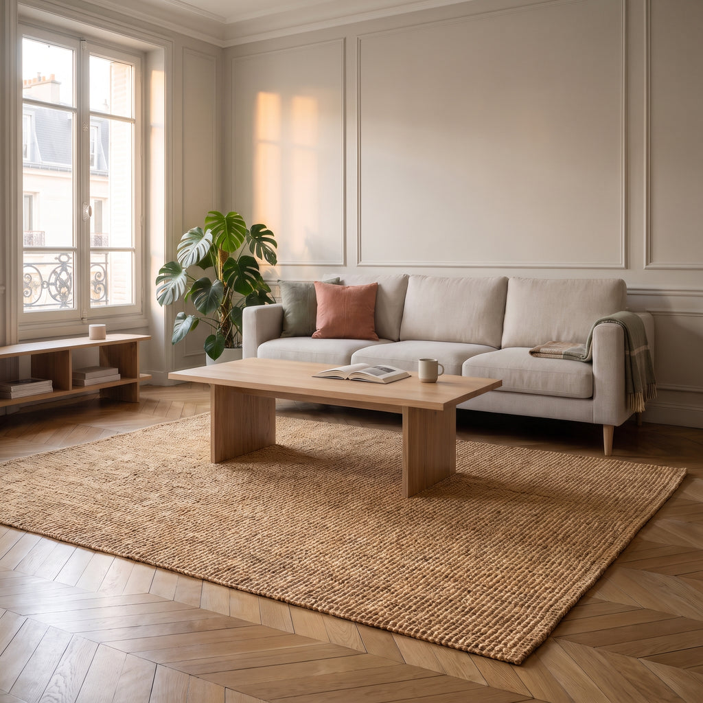 Petit tapis en sisal beige posé sur le sol d'un salon