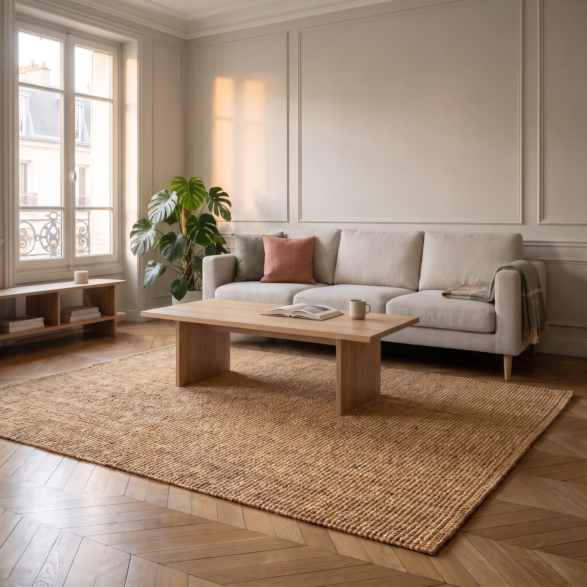 Petit tapis en sisal beige posé sur le sol d'un salon
