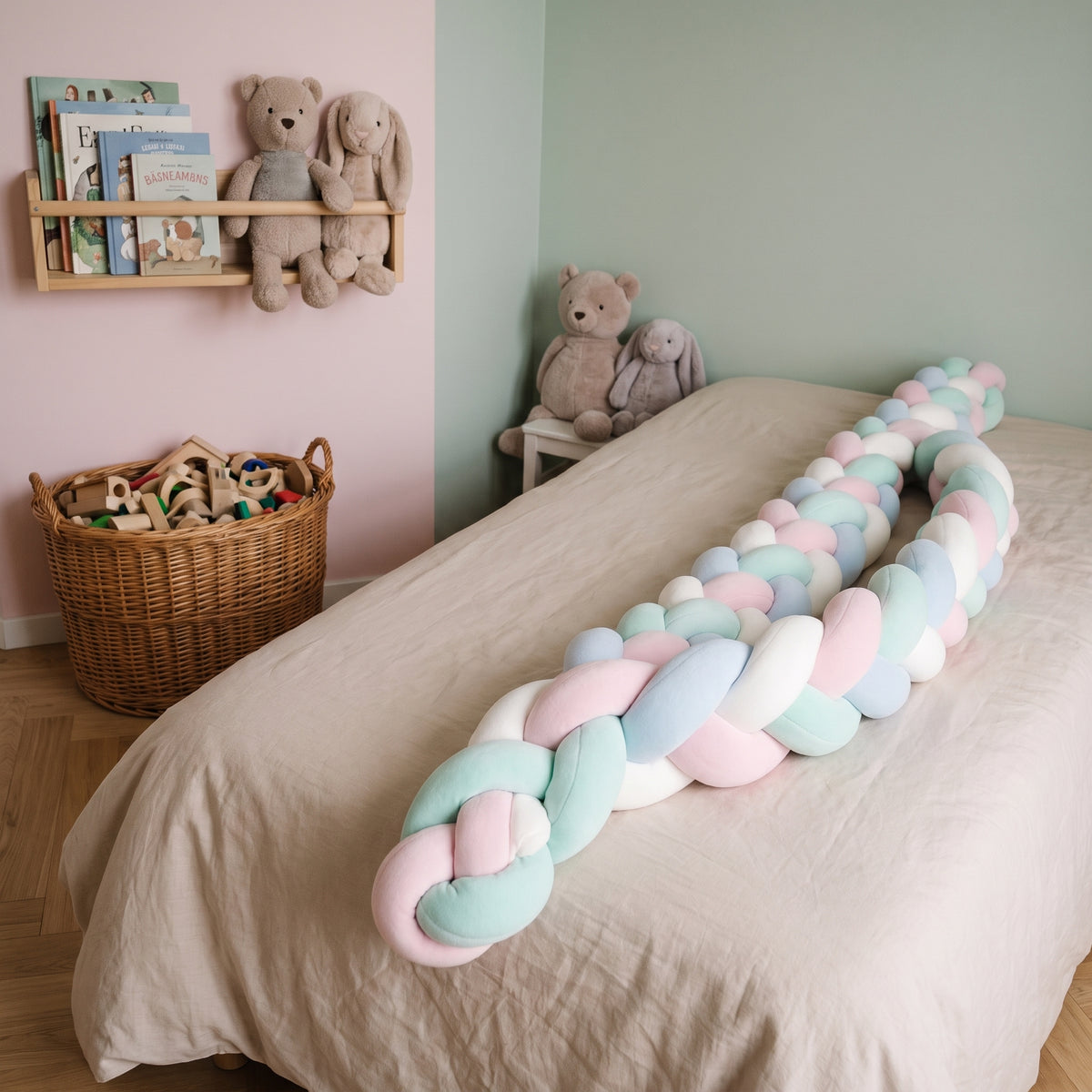 Tour de lit tressé rose déroulé sur le lit d'enfant, brins roses, bleus, vert d'eau et blancs
