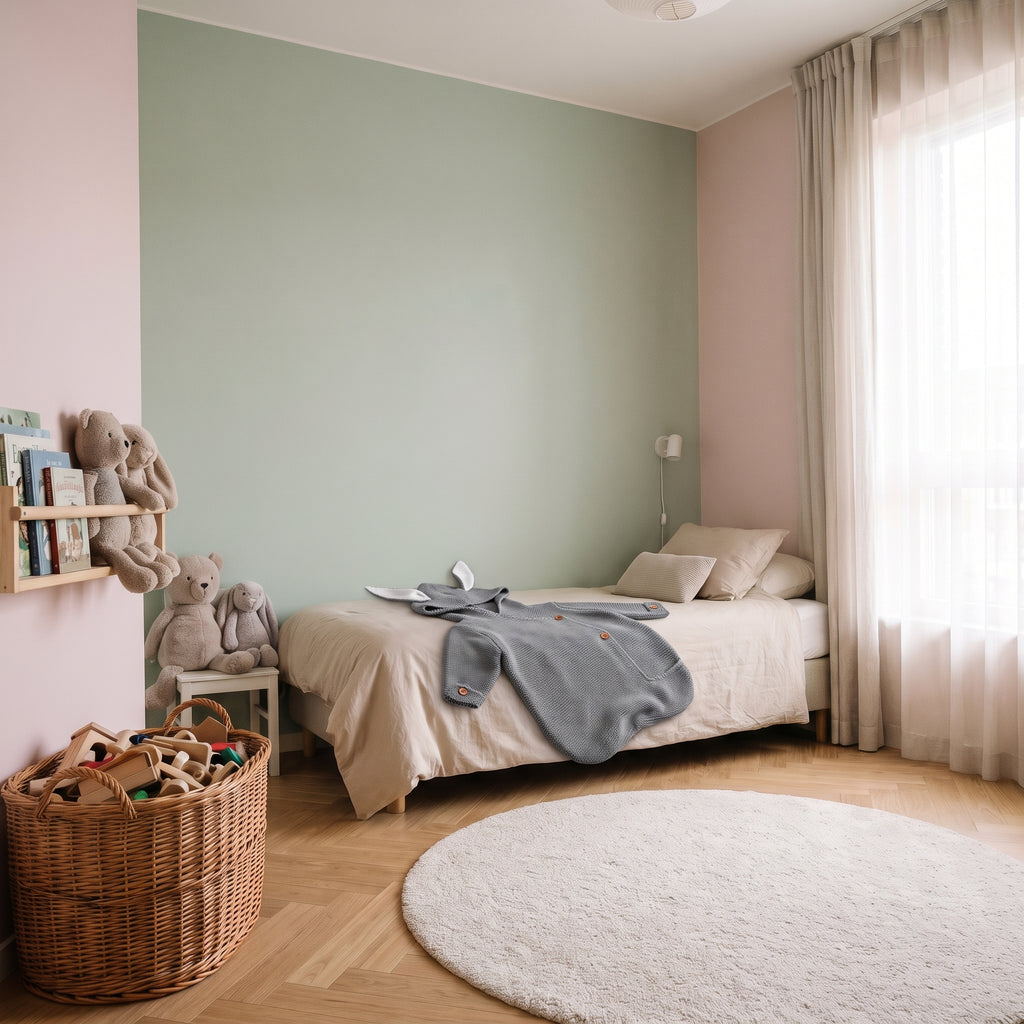 Turbulette légère bébé grise à capuche oreilles de lapin posée sur un lit d'enfant