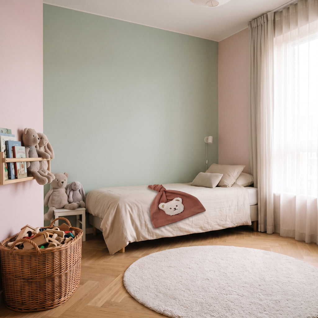 Bonnet bébé marron à ours posé sur le lit d'enfant