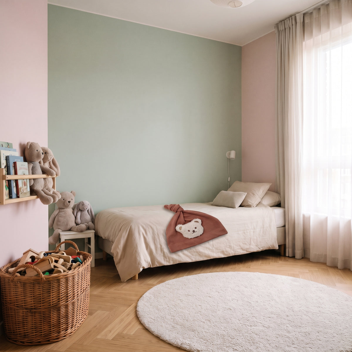 Bonnet bébé marron à ours posé sur le lit d'enfant