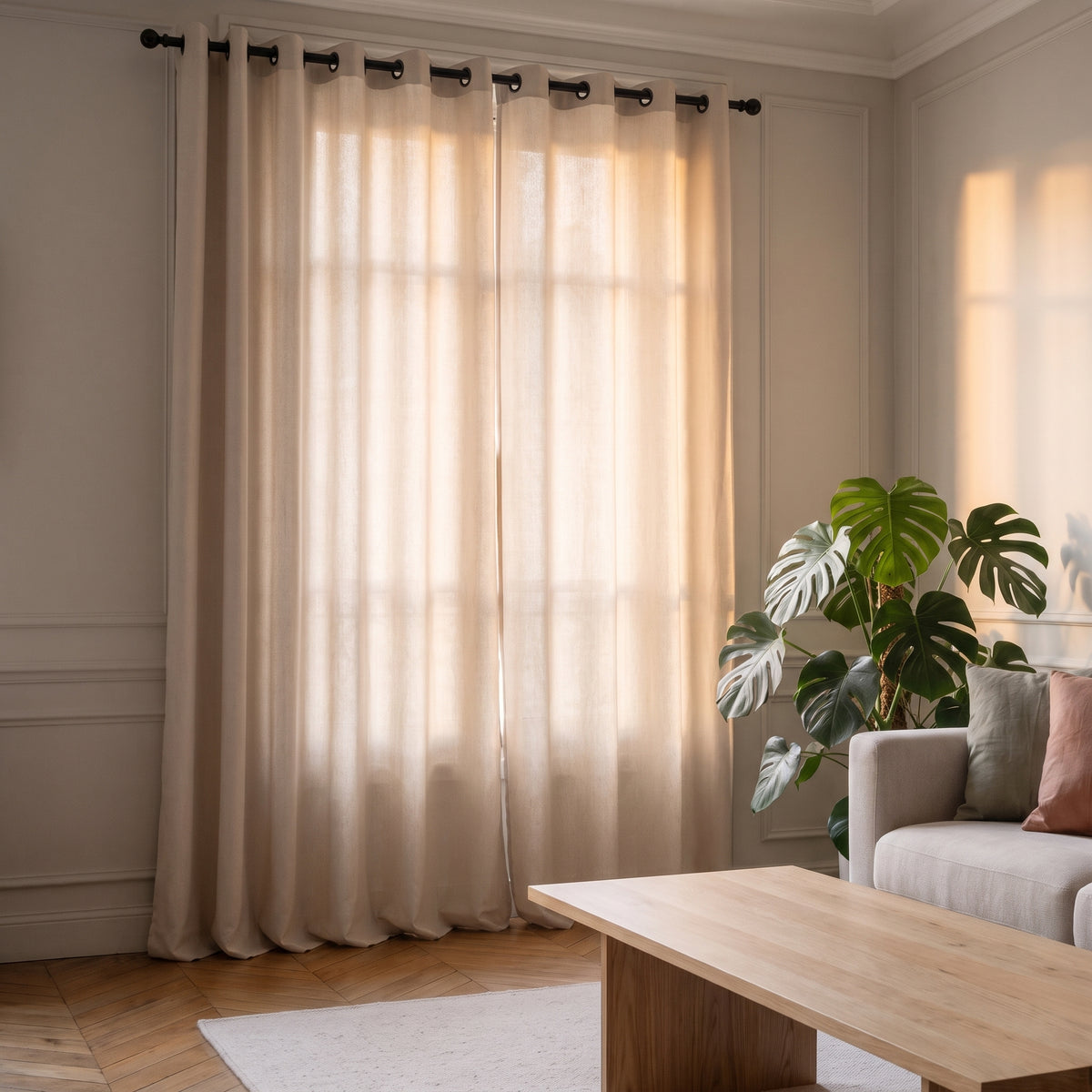 Rideau occultant beige suspendu à une fenêtre de salon