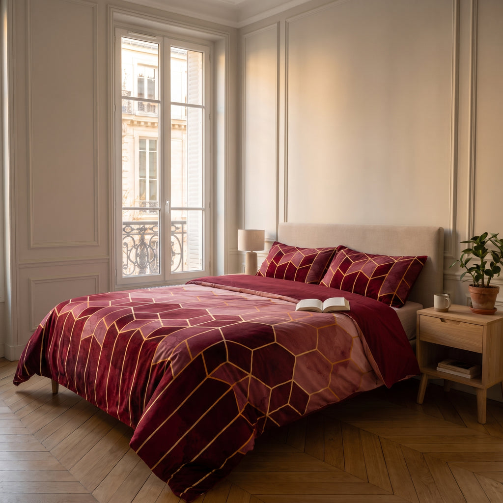 Housse de couette géométrique aux lignes dorées dépliée sur le lit