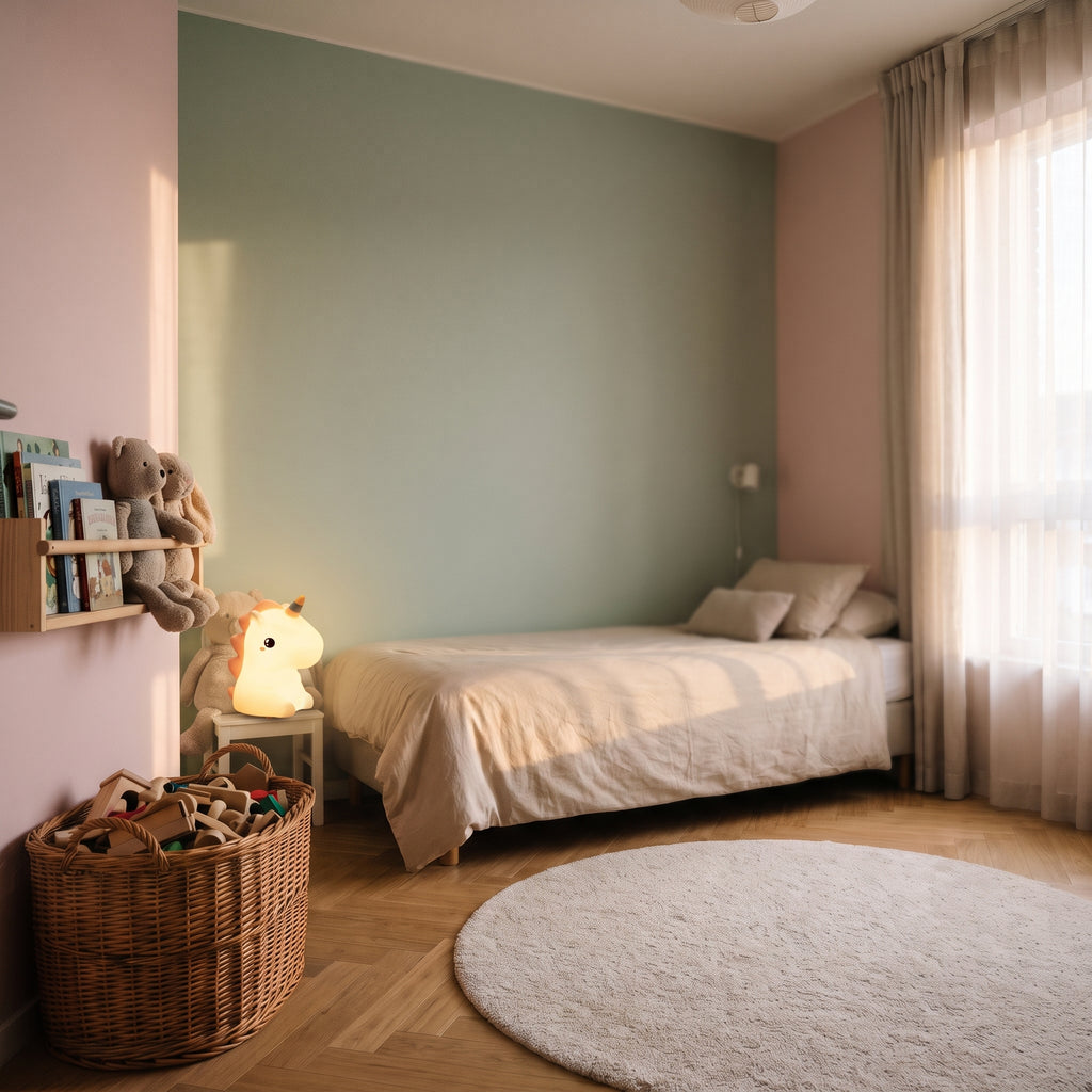 Veilleuse licorne en silicone allumée sur la table de chevet d'une chambre d'enfant, le soir