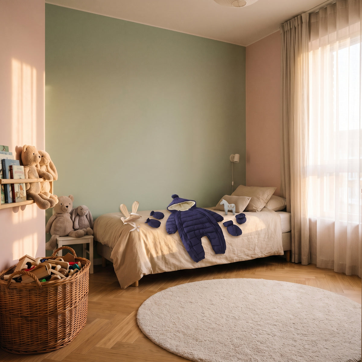 Combinaison doudoune bleue pour bébé posée sur un lit d'enfant