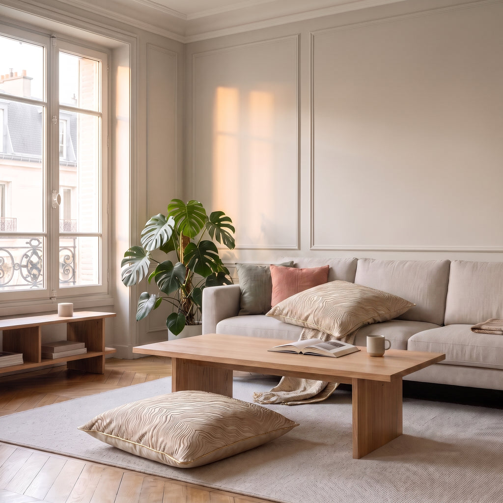 Coussin en jacquard satiné ivoire aux ondes dorées posé sur un fauteuil du salon