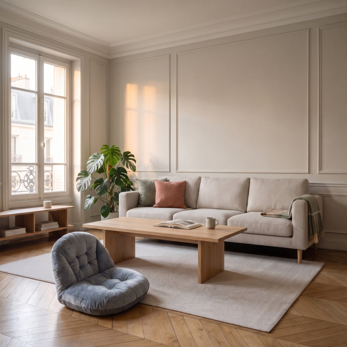 Coussin de sol gris à dossier capitonné dans le salon