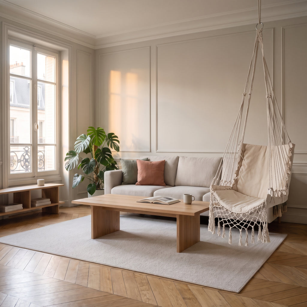Chaise hamac blanche en macramé suspendue dans un salon