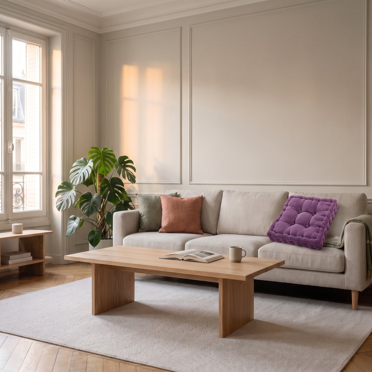 Coussin de sol carré violet capitonné dans le salon